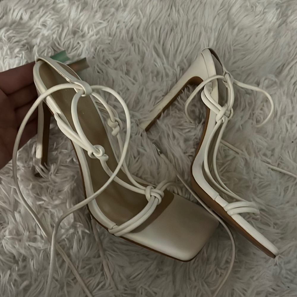 Pretty little thing white cross leg heels
